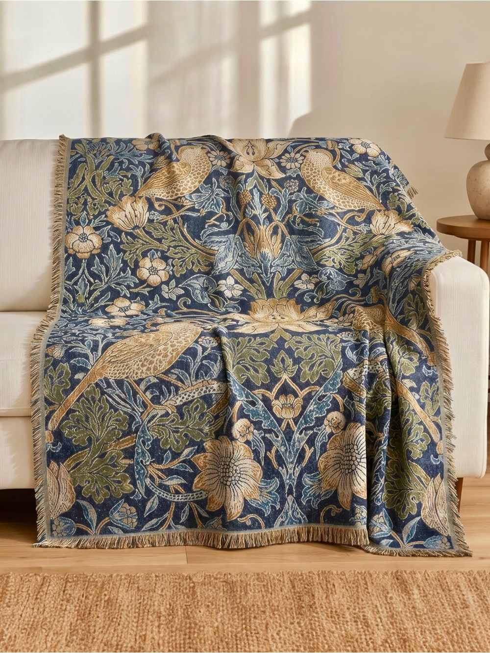NEW Anthro Boho Blue Floral Bird Tassel Throw Blanket Bedspread Quilt - 50 x 70